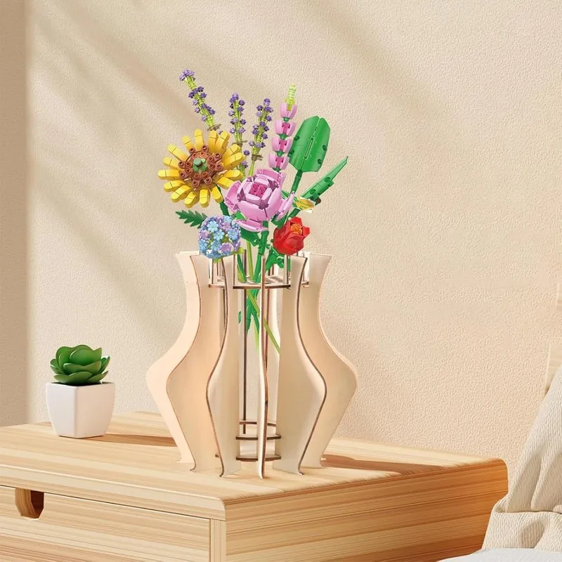Creative Puzzle Wooden Flower Vase Display Stand Rack Handmade Unique Home Office Desk Decor Novelty New Indoor Gift Art