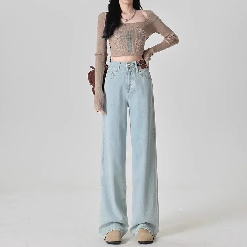 ربيع 2025 جديد المرأة عالية الخصر واسعة الساق الجينز التخسيس إخفاء الطابق طول السراويل القطن تمتد سراويل جينز