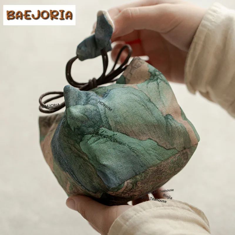 Fundas de algodón y lino con cordón para teteras, estilo vintage, para teteras, bolsos de mano, bolsas para sets de té de viaje, accesorios para bebidas