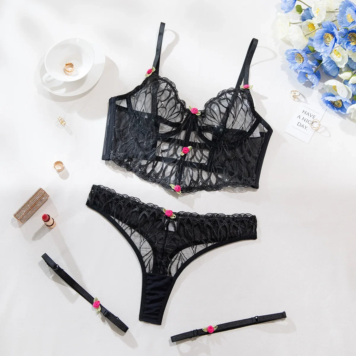 

New Fishbone Steel Ring Exotic Apparel Suit Sexy Flower Decor Tank Top Bra Panty Set Women's Perspective Embroidery Beauty Back