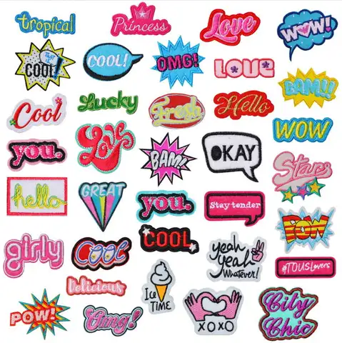 10 Pcs Wow Cool Hello Embroidery Patches Embroidered Clothing Hat Bag Shoe Repair Material Phone Gift Box Decor DIY Accessory