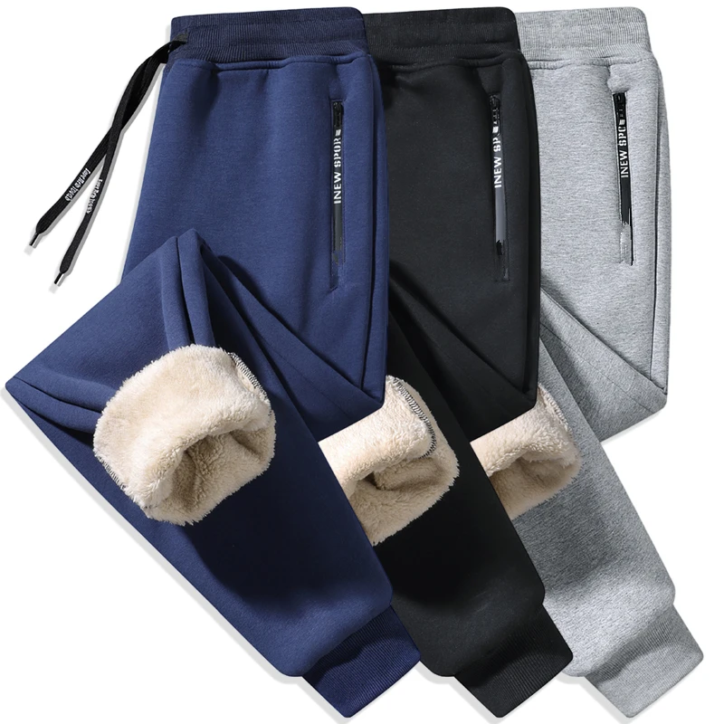 

Thickened Sheep Velvet Fleece Lined Straight Leg Pants Warm Cotton Trousers Men's Winter Casual Zippered Style Windproof