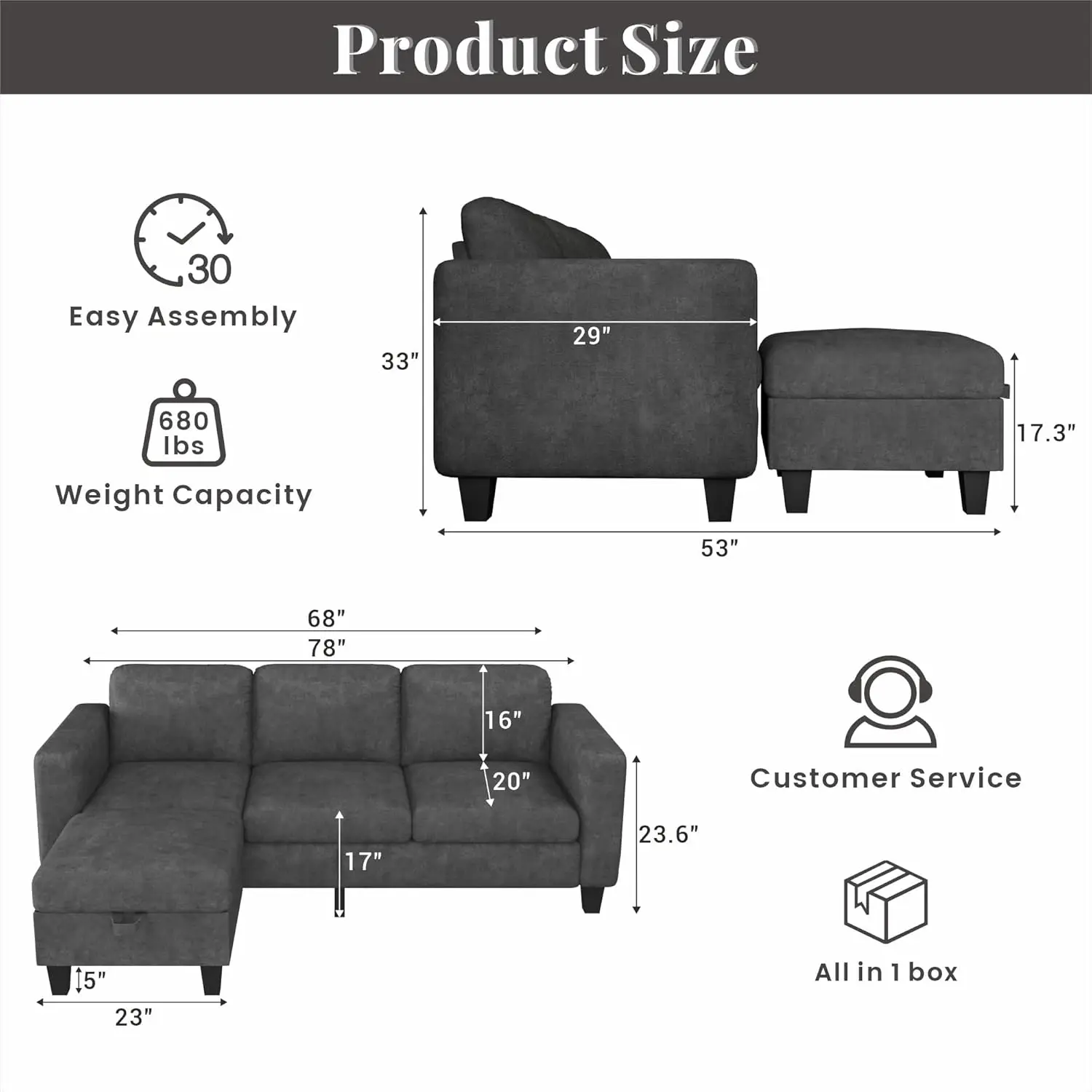 Living Room - Sectional Sofa L Shaped Cloud Couch-Small Modular 3 Seat-Comfy Linen with Storage Deep Seat Sofa,Washable Covers-S