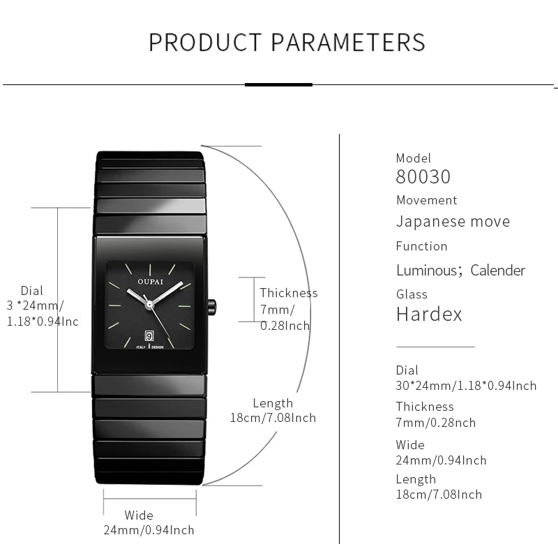 Oupai 남성용 사각형 다이얼 시계, 세라믹 스트랩, 24mm 직사각형 시계 스터드, 체중계 발광 날짜 표시, 심플 캐주얼 패션 수트