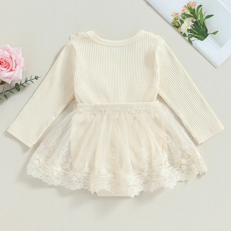 Newborn Baby Girl Bodysuit Dress Autumn Clothes Long Sleeve Flower Bow Tulle Patchwork Jumpsuit for Kids Baby Items Clothing