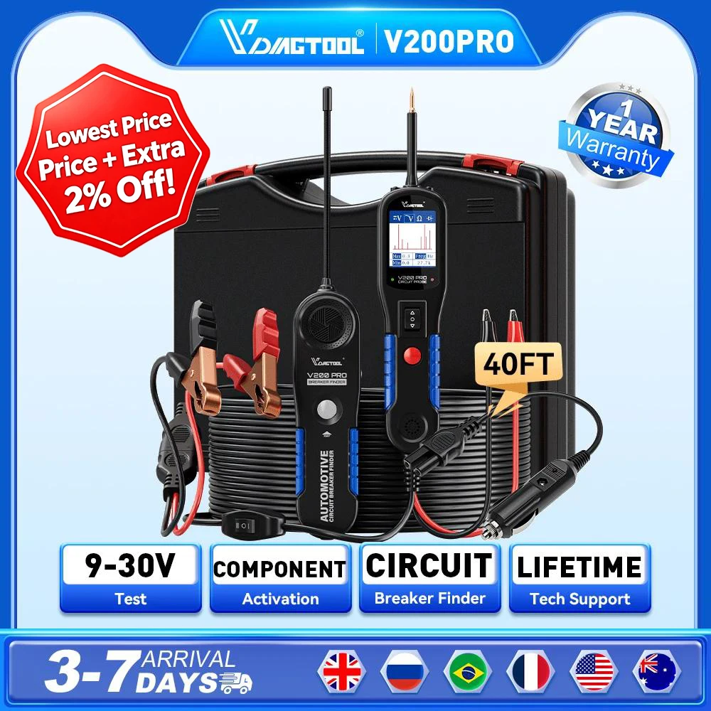 VDIAGTOOL V200PRO Kit 12/24V Automotive Power Circuit Probe Tester 40FT/12M Cable Relay Fuse Tester Fuel Injector Breaker Finder