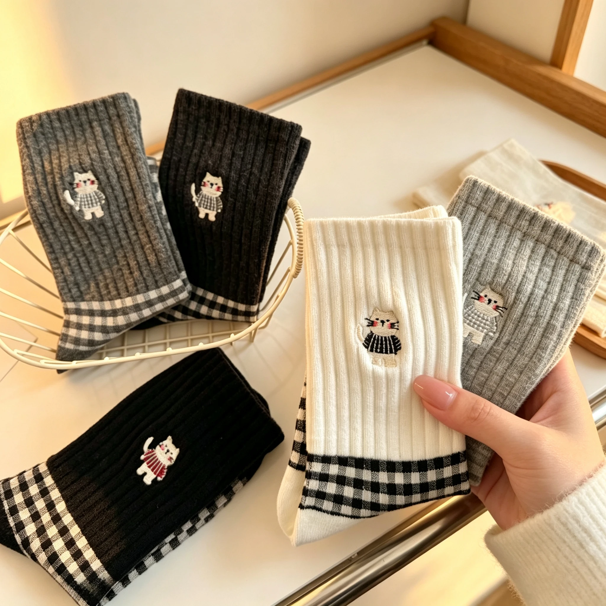 1-10Pairs Mid Calf Socks for Women Gray Black White Plaid Checkered Kawaii Cat Pattern Crew Socks Vintage School Daily Wear