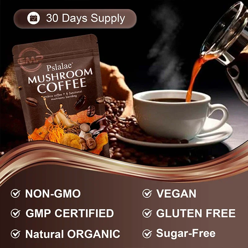 Complément de café champignon crinière de Lion avec Reishi, Cordyceps et queue de dinde, énergie, clarté et concentration mentale, rehausseur de cerveau