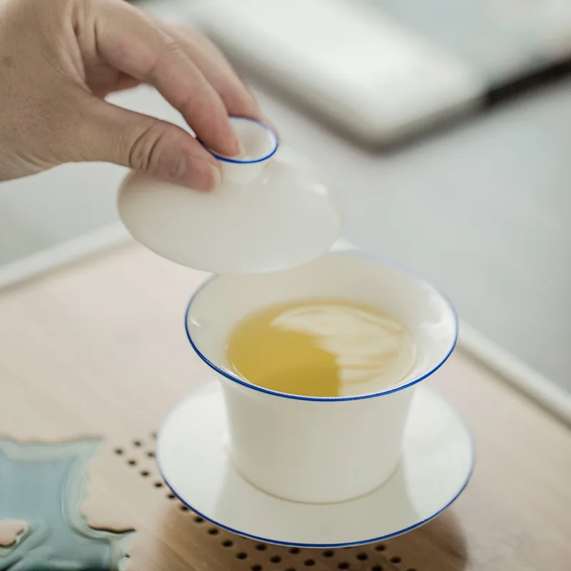 Sweet White Lamb Fat Jade Ceramic Gaiwan Household Three-Talent Bowl Kung Fu Tea Set Tea Brewing Device Tea Cup Tea Offering Cu