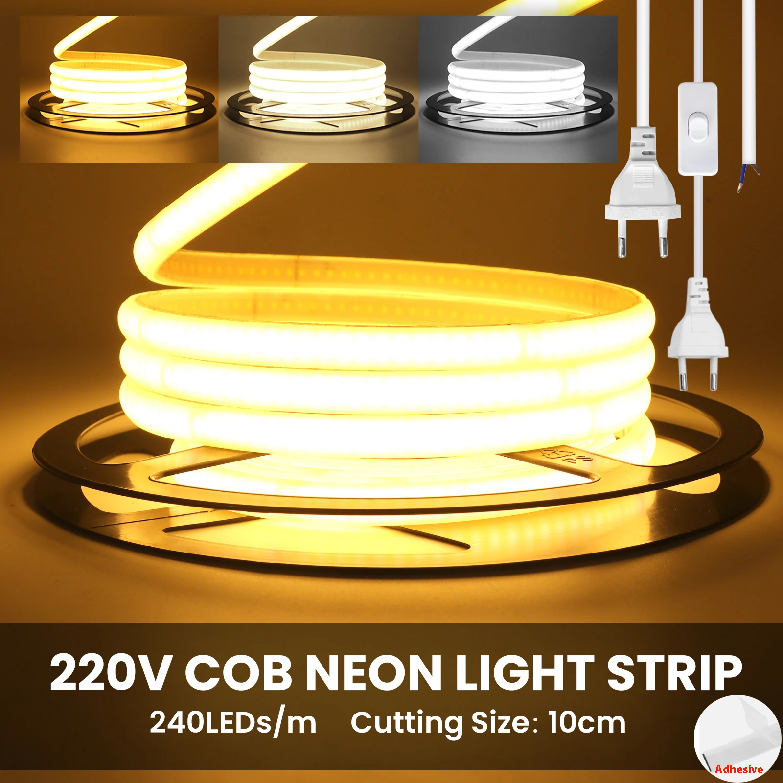 220V COB LED Strip Light Outdoor With Adhesive Built-in Rectifier IC 240LEDs/M IP65 Waterproof Neon Strip Tape Flexible Ribbon