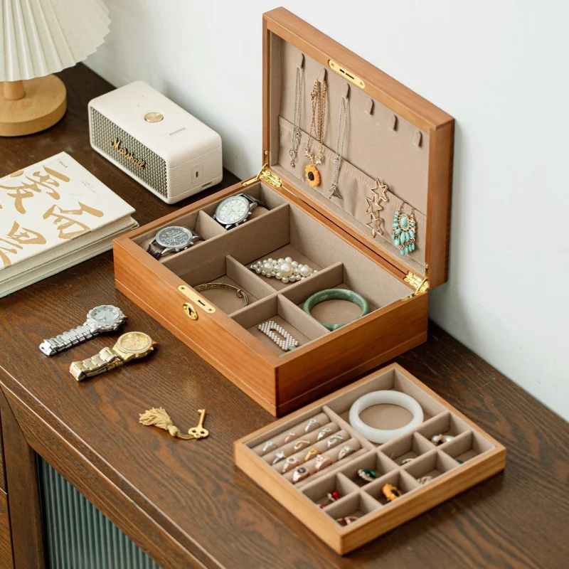 Solid Wood Jewelry Organizer Box Divided Compartment Earring Storage case Women's Ring Storage Boxes Desktop Necklace cases