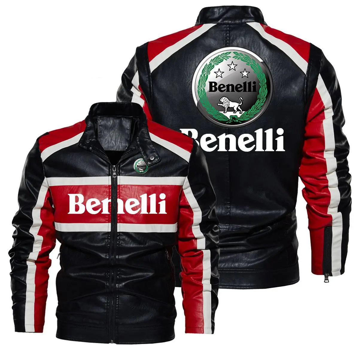 

New motorcycle style contrast leather jacket Benelli motorcycle logo stand collar leather jacket spring and autumn coat