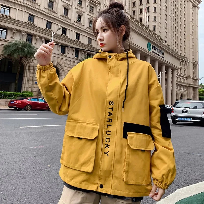 Damska kurtka płaszcz 2025 wiosna jesień nowa wiatrówka z kapturem na co dzień z długim rękawem damska kieszeń zamek błyskawiczny luźna odzież wierzchnia