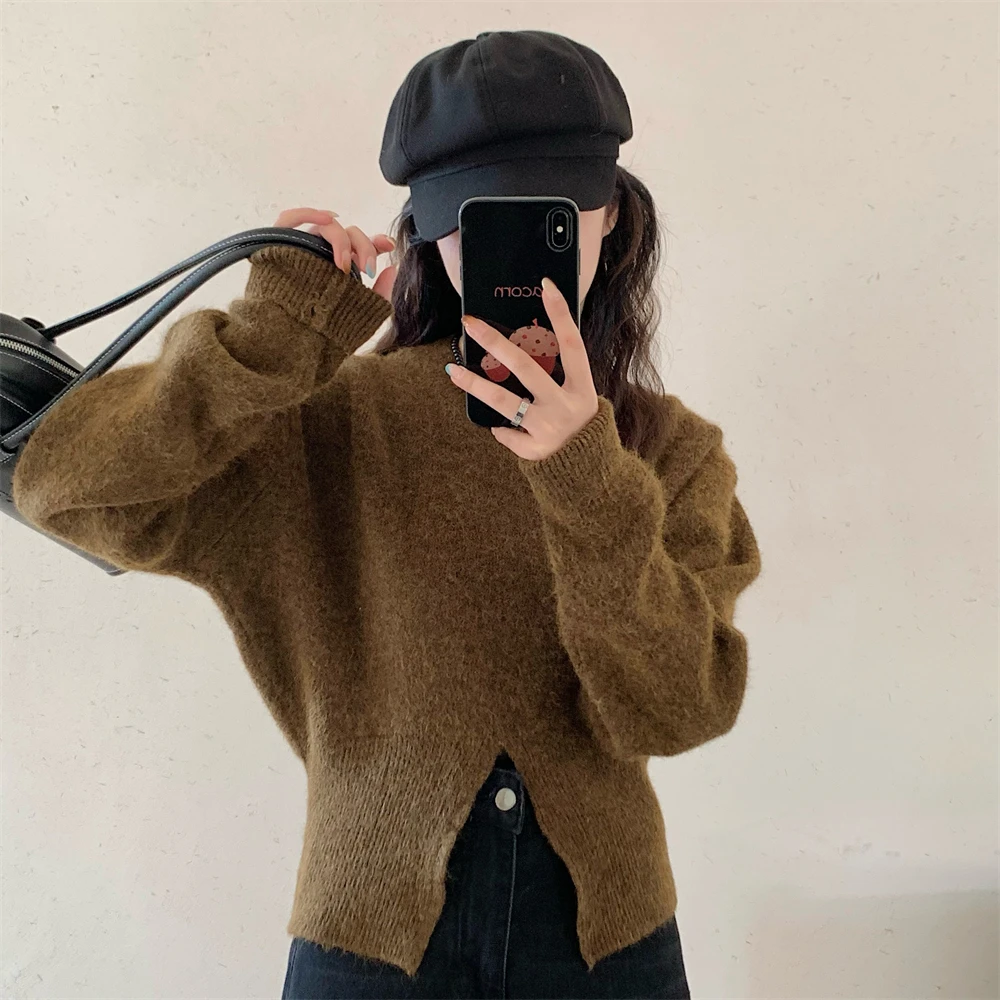 

Multicolor Knitted Sweater Soft Plu Bear Fur Waist-Cinching Sweet Sle Long Sve round Ne Regular Thin Autumn Wear
