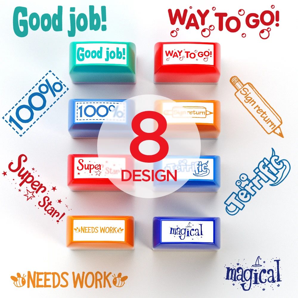 ختم المعلم - مجموعة تحفيز وتحفيز تلقائيًا، مناسبة للفصول الدراسية المدرسية ومجموعات المدارس العائلية (8 قطع) مع صينية تخزين #1