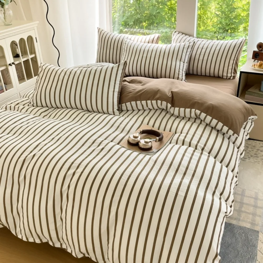 Striped Bedding Set Korean Style Duvet Cover Set Flat Sheets Set Single Twin Double Size Bed Linen Set All Season Birthday Gift