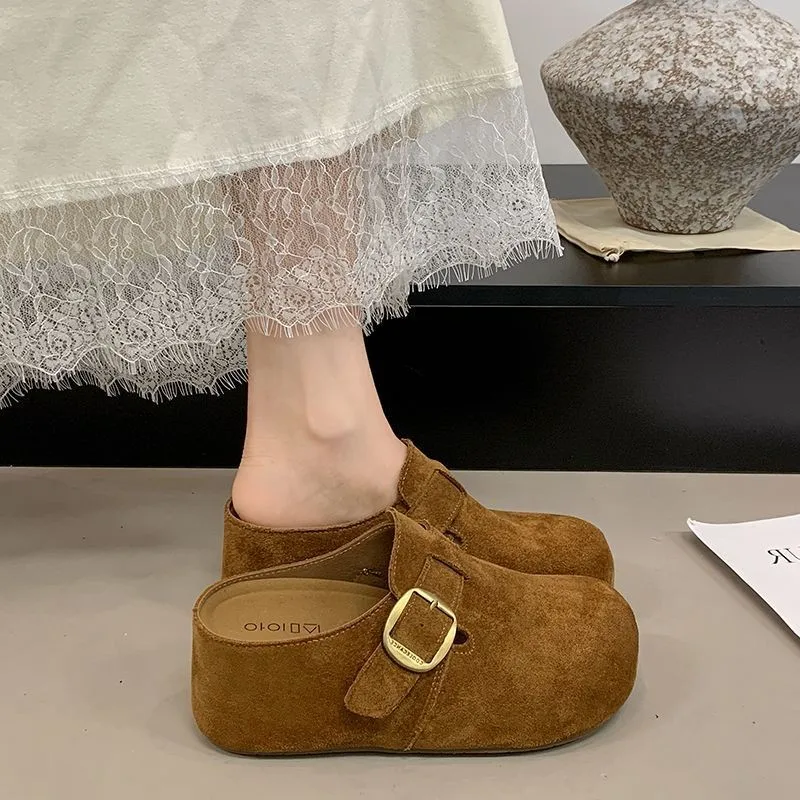 Women's Thick Bottom Roman Style Half Slippers Casual Slip-On Pumps Fall Winter New Style Outdoor Wear Comfortable Flats