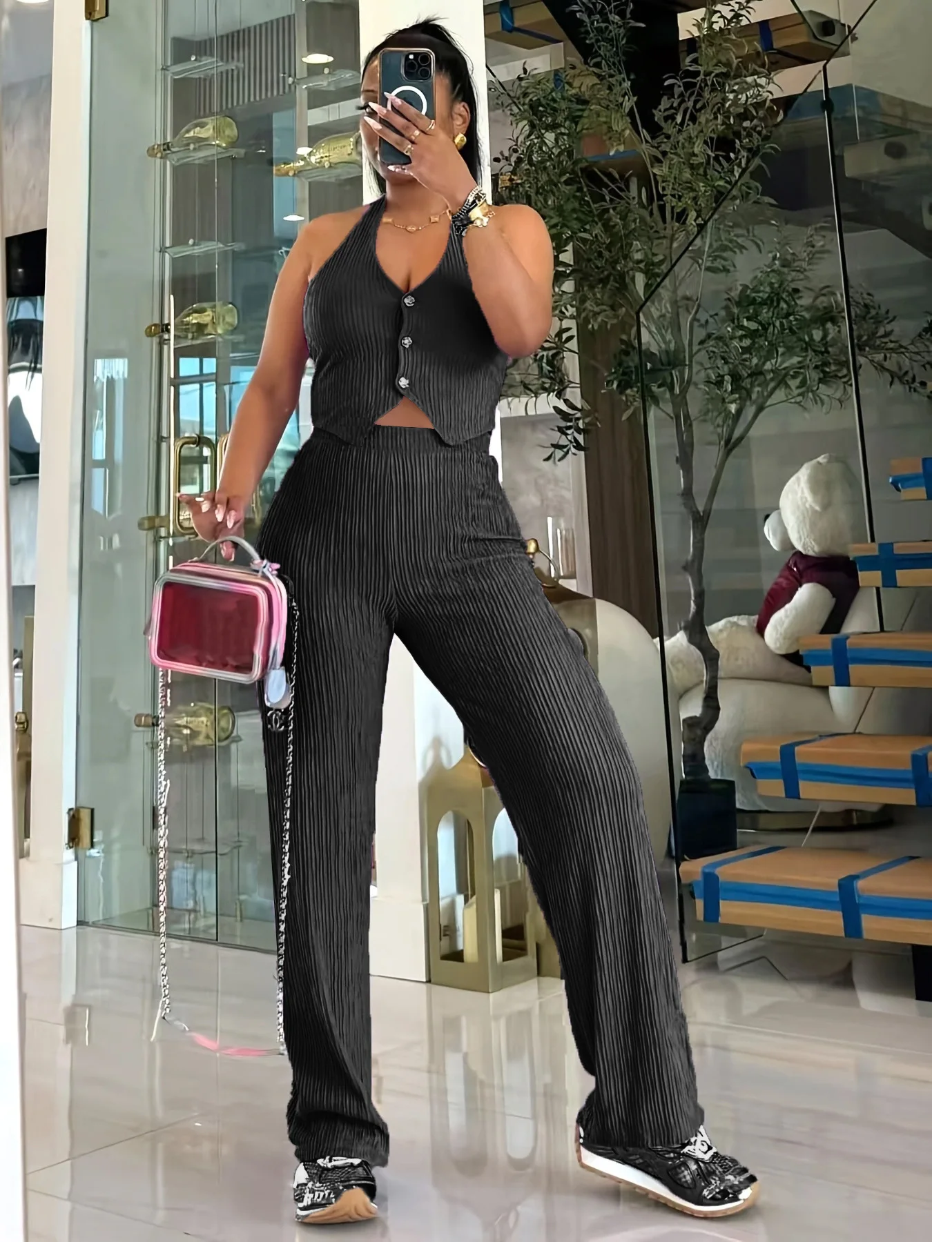 2025 ฤดูใบไม้ผลิ/ฤดูร้อนใหม่ผู้หญิงแฟชั่นSlimmingเสื้อกั๊กเอวสูงกางเกงขากว้างสไตล์ชุด 2 ชิ้น