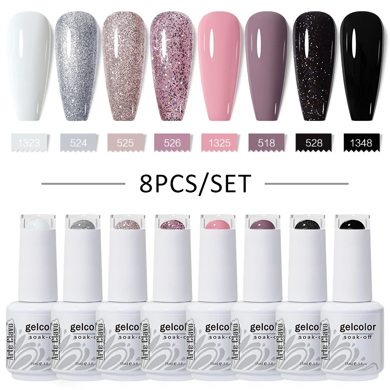 Arte Clavo 8 pezzi gel smalto per unghie set a molla nail art Soak Off gel UV kit colorato semipermanente gel ibrido vernice base superiore LED