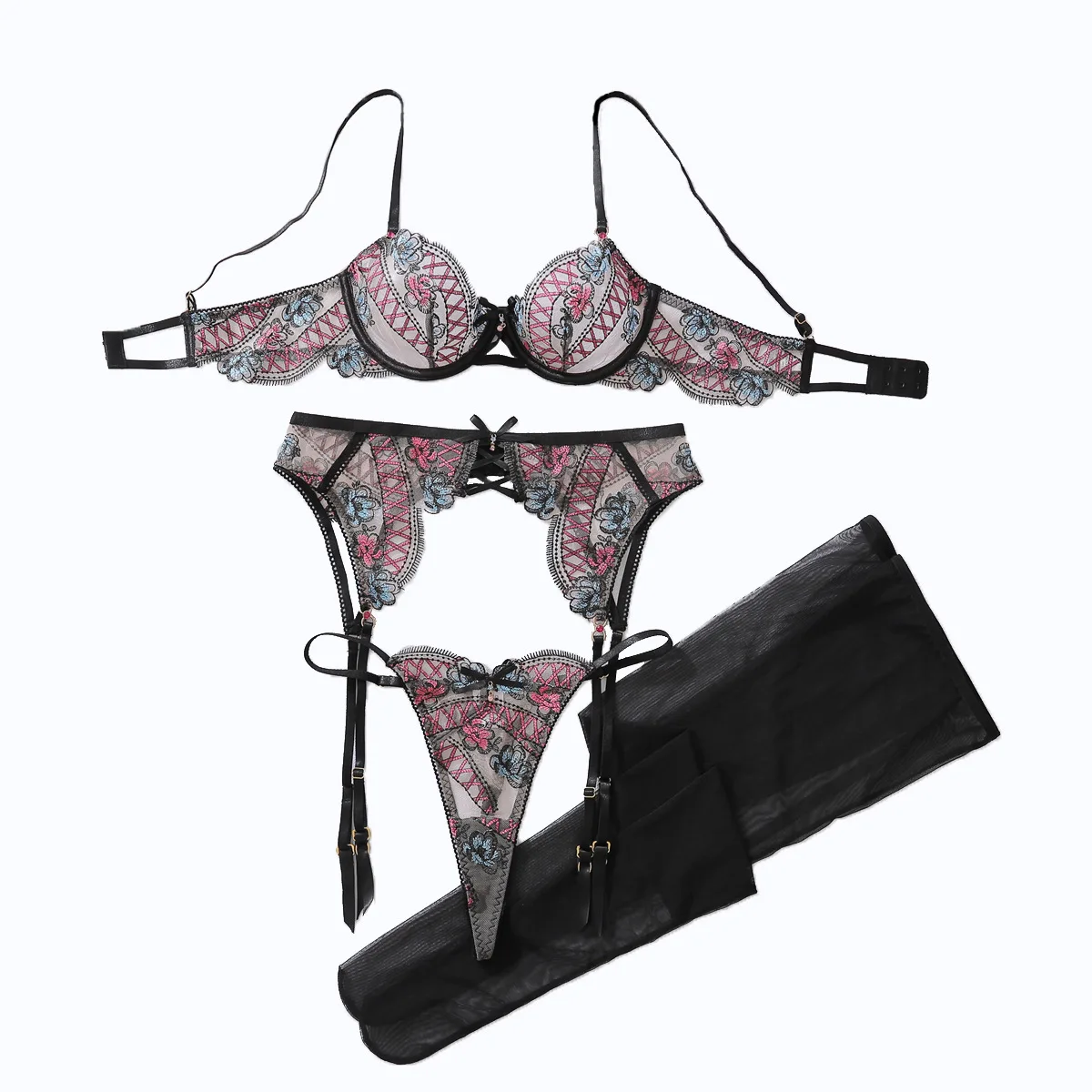 Dames tie-dye geborduurde shapewear lingerieset sexy bh en string transparant 4-delige set 2025 lingeriecollectie