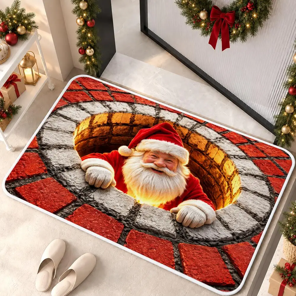 Santa Chimney Whimsical Style Floor Mat Soft Non Slip Flannel Door Mat for Bathroom Kitchen Bedroom Home Decor