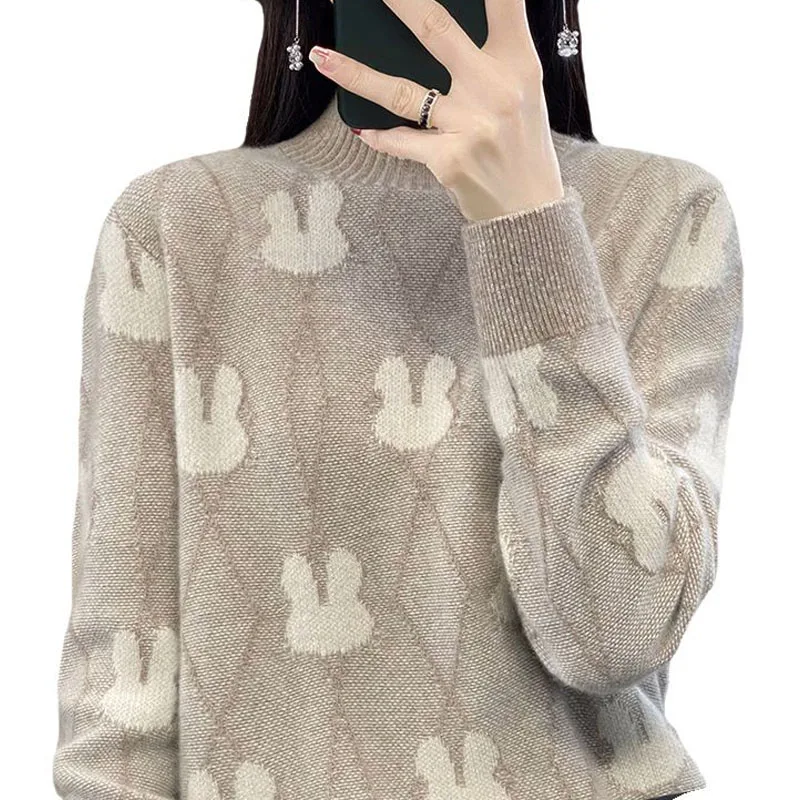 Autumn and Winter Fashion Trend Colored Rabbit Pattern Half High Neck Thickened Loose Versatile Western Women\'s Knitted Sweater