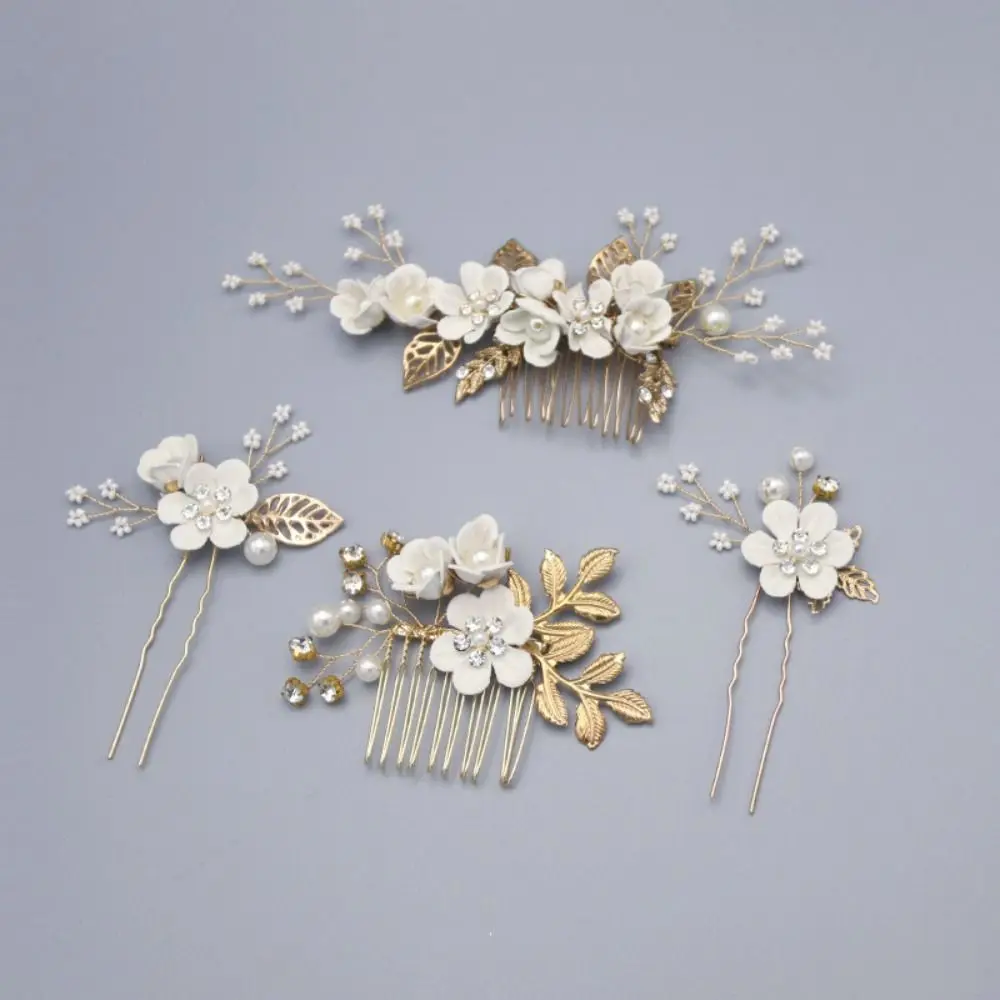 

4 Pcs/Set Handmade Bridal Hair Accessories Exquisite Sweet and Cute Flower Pearl Headpiece Sense of Advanced Trendy Hair Comb