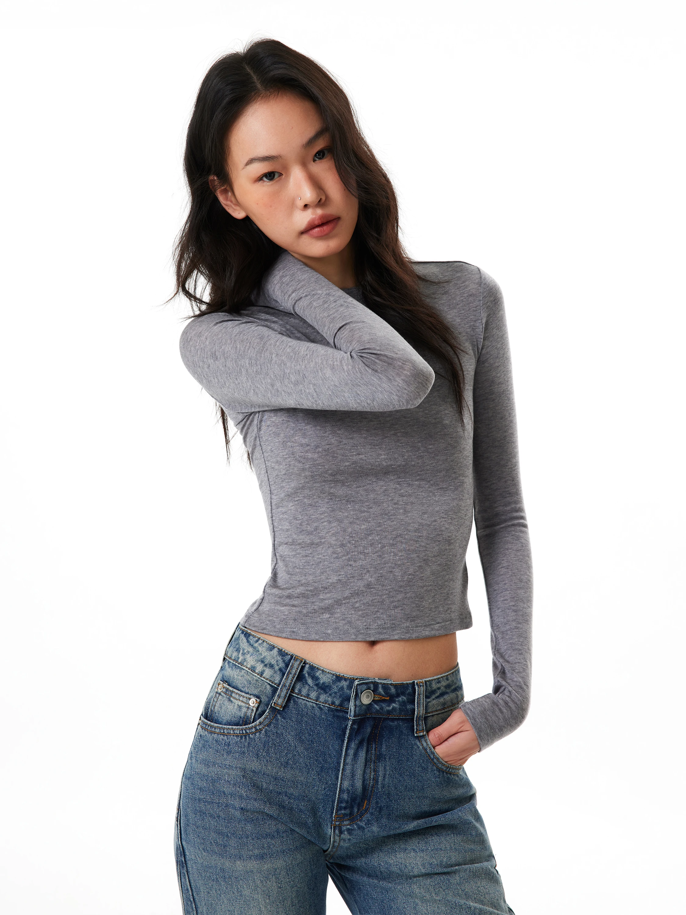 GOGOBURN American Grey Long Sleeve round Neck Base Shirt Women's Slim Fit Basic Style Inner Wear Top Casual Style Short Length
