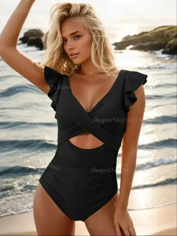 Sexy Swimming Suit for Women Block Color One Piece Swimwear Cross Bodysuit V Neck Ruffle Bathing Suit New Beachwear