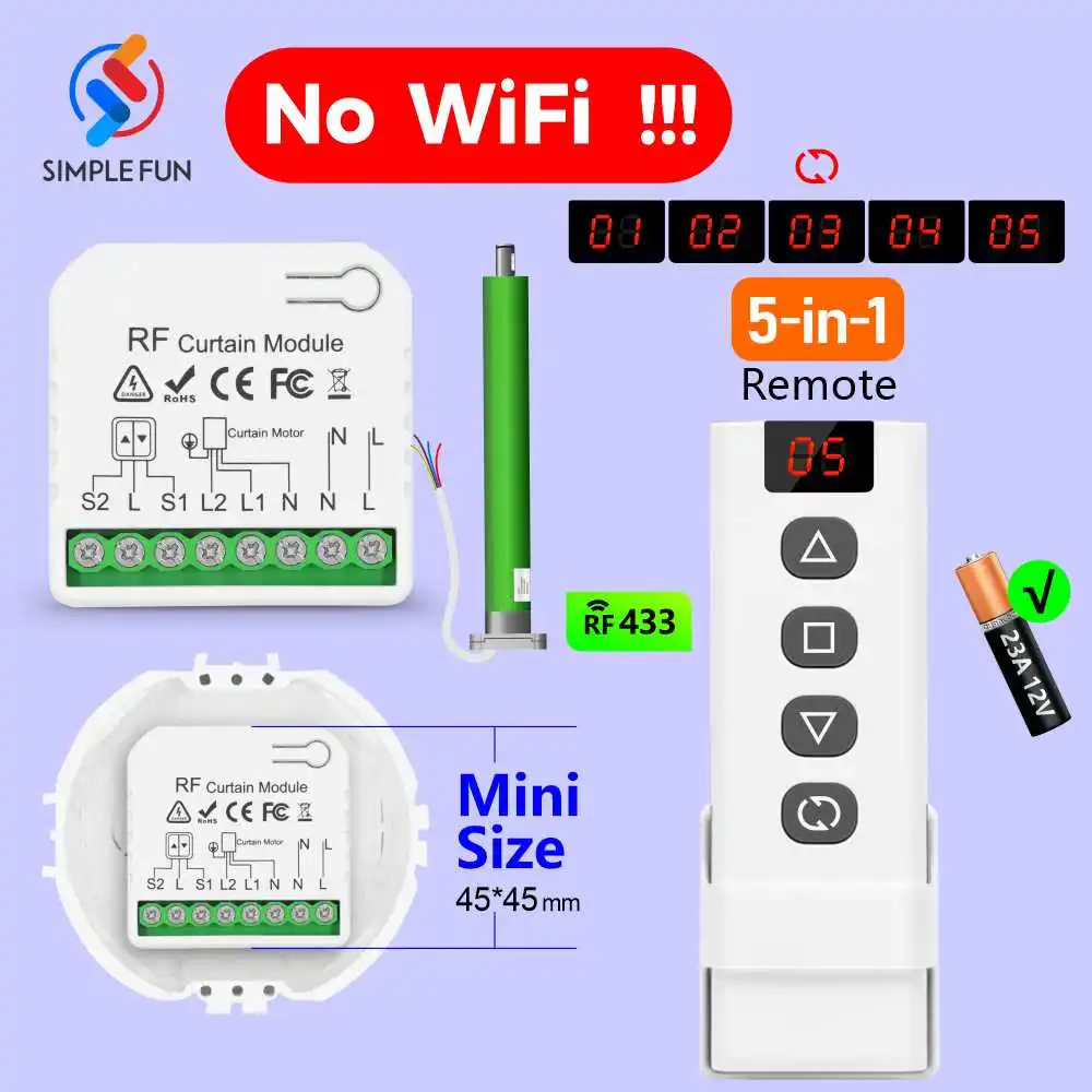 433Mhz Roller Shutter Curtain Remote Control Switch No WiFi 5-in-1 Transmitter 110V 220V RF Module for Blind/Garage Door/Motor
