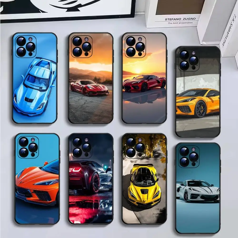 حافظة هاتف عصرية رائعة C-CorvetteS C8 C6 لهاتف iPhone16,15,14,13,12,11 Plus,Pro Max,XS,X,XR,SE,Mini,8,7,Soft Black Cover