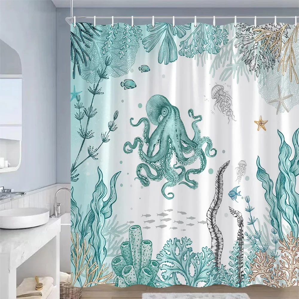 Ocean Animals Shower Curtains Sea Turtles Starfish Coral Seaweed Underwater Scenery Polyester Bathroom Curtain Decor with Hooks