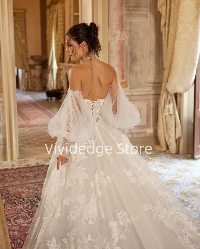 Customized Sexy White Women Strapless Wedding Dresses See Through Lace Printed Backless Bridal Gowns A-Line Dresses vestido