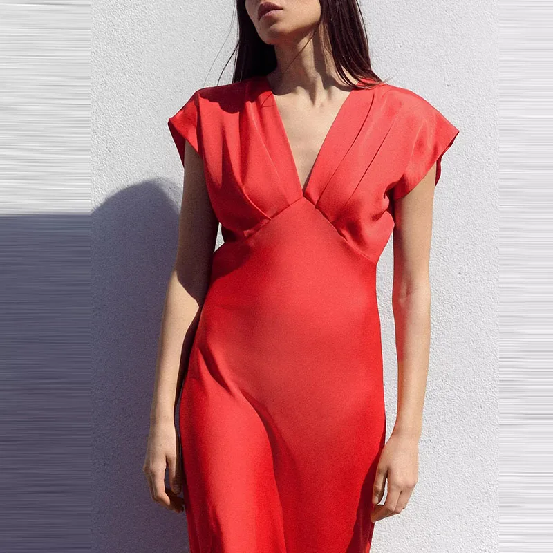 Z 2025 Spring Street Sle ort Sve الحرير الساتان يشعر ميدي Dr V Ne قطعة واحدة ألياف البوليستر 00% المرأة Dr