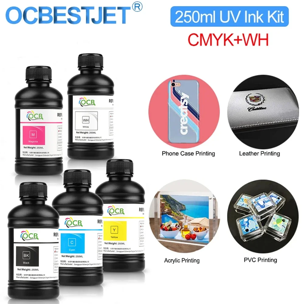 250ML*5 LED UV Curing Ink For Epson 1390 L800 1400 1410 1430 1500W R290 R330 L805 L1800 Printer UV Ink For All UV Printer