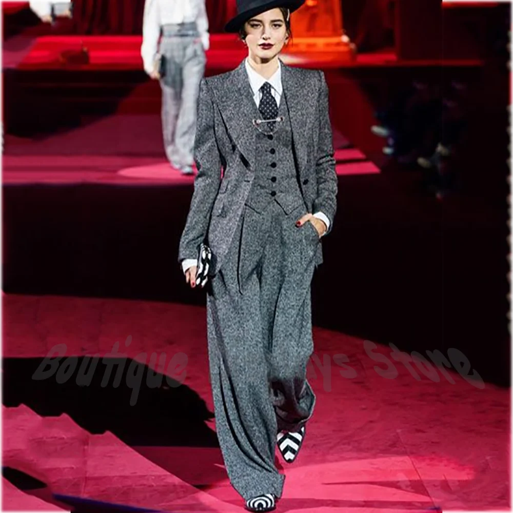 Grey Woolen High Quality Women Suit 3 Piece Wide Peak Lapel Casual Loose Outfit Office Lady Elegant Suit(Jacket+Vest+Pants)