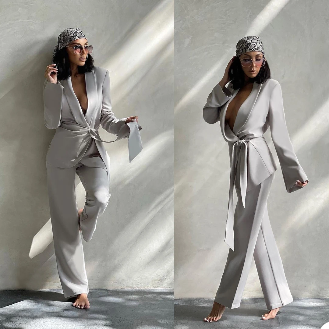 

2 Piece Set (Blazer + Pants) Loose Sexy Women's Suit Set With Belt Everyday Casual Wide Leg Pants Formal Evening Dress Custom