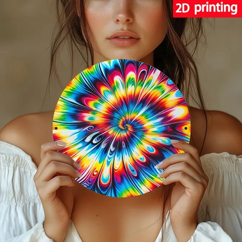 2D Flat - 1pc of 2D Flat Print, 8X8 Inches (20X20 Cm) Round Metal Sign with a Tie-Dye Design, Suitable for Decorating Walls in a