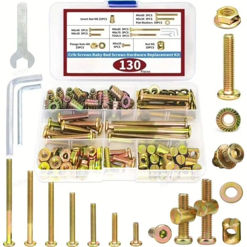 

130pcs Crib Screws M6 20/30/40/50/60/70/80mm Furniture Bolts Nut Set Hex Socket Screw with Barrel Nut For Crib Bed Chair Cabinet