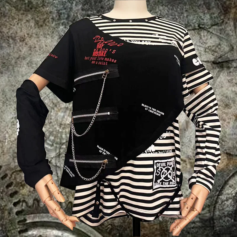 2025 Japanese  y2k Long Sleeved Rivet chain Tops Kill Matt Rock Punk Mens Clothes Skull Clothing Stripe T-shirt Visual Rivets