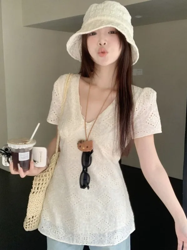 Embroidered Hollow out V-Neck Short Sleeve Shirt Women's Slim Fit Style Spring Summer Cotton T-Shirt Back Tie Design Top