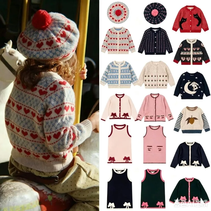 Spot Girls Sweater 2026 Winter New Printed Fashion Cute Kids Knit Coat Cotton Thickened Warm Girls Sweater and Knit Dress Set