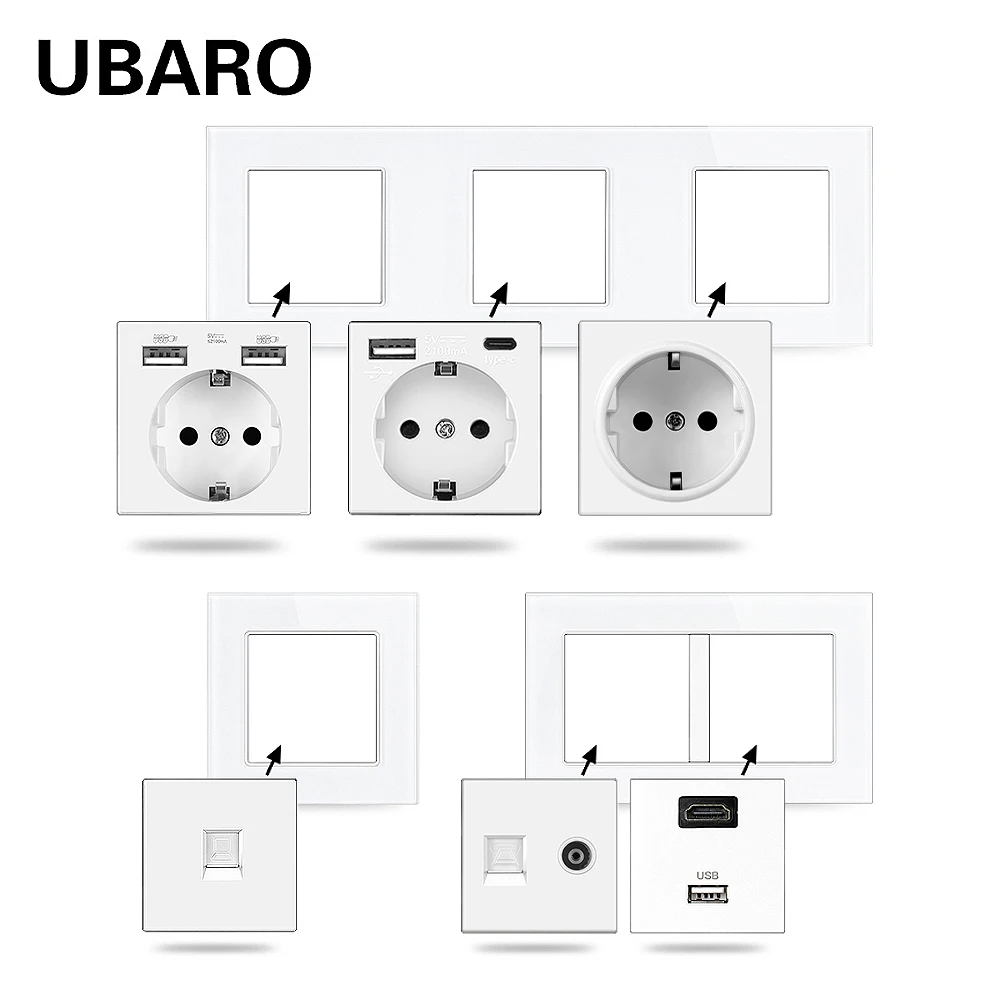 EU/FR/Universal Std 52*52mm White Touch Switch Socket TV RJ45 RJ11 Module Tempered Glass Panel Flame Iron For Square Box Diy