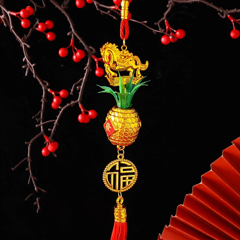 2026 سنة الحصان الجدار الشنق سيارة زخرفة السنة الصينية الجديدة الذهب الأحمر الأناناس قلادة محظوظ الديكور هووسورمينغ الهدايا #4