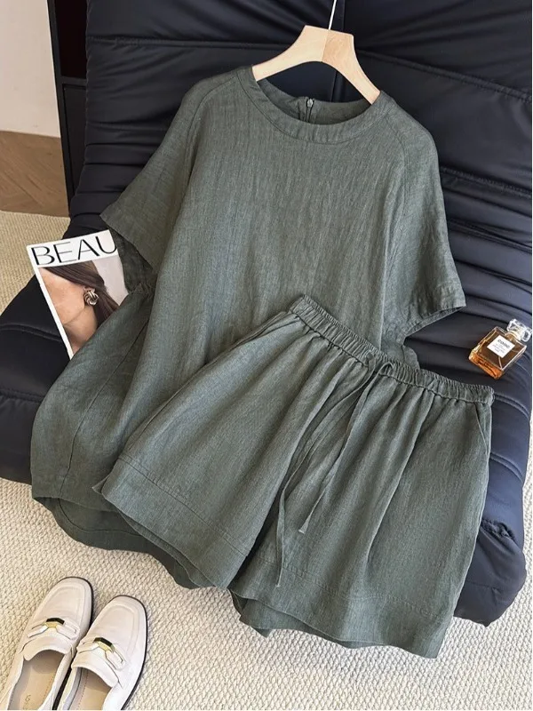 

Lazy Sle Повседневный комплект из чистого льна с крыльями летучей мыши, комплект из двух предметов, женская одежда, летний ансамбль Faion, ор Све, круглый Ne