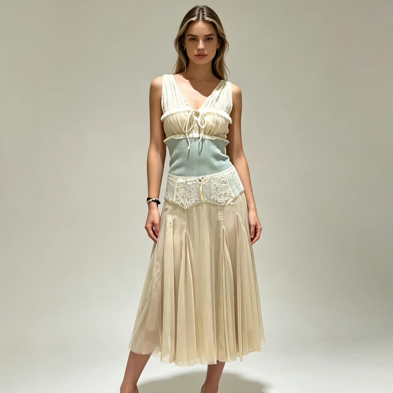 

LIMO Bohemian 2-Piece Set:Lace Crop Top & Maxi Skirt,V-Neck, Ribbed Waist, Chiffon Skirt, Vintage Aesthetic, Perfect for Summer.