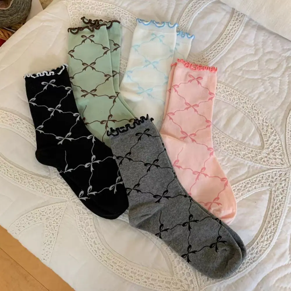 

5Pairs Solid Color Thin Cotton Ruffle Bow Socks Ins Style Breathable Mid Tube Socks Lolita Female Hosiery Sweet Socks Women Lady