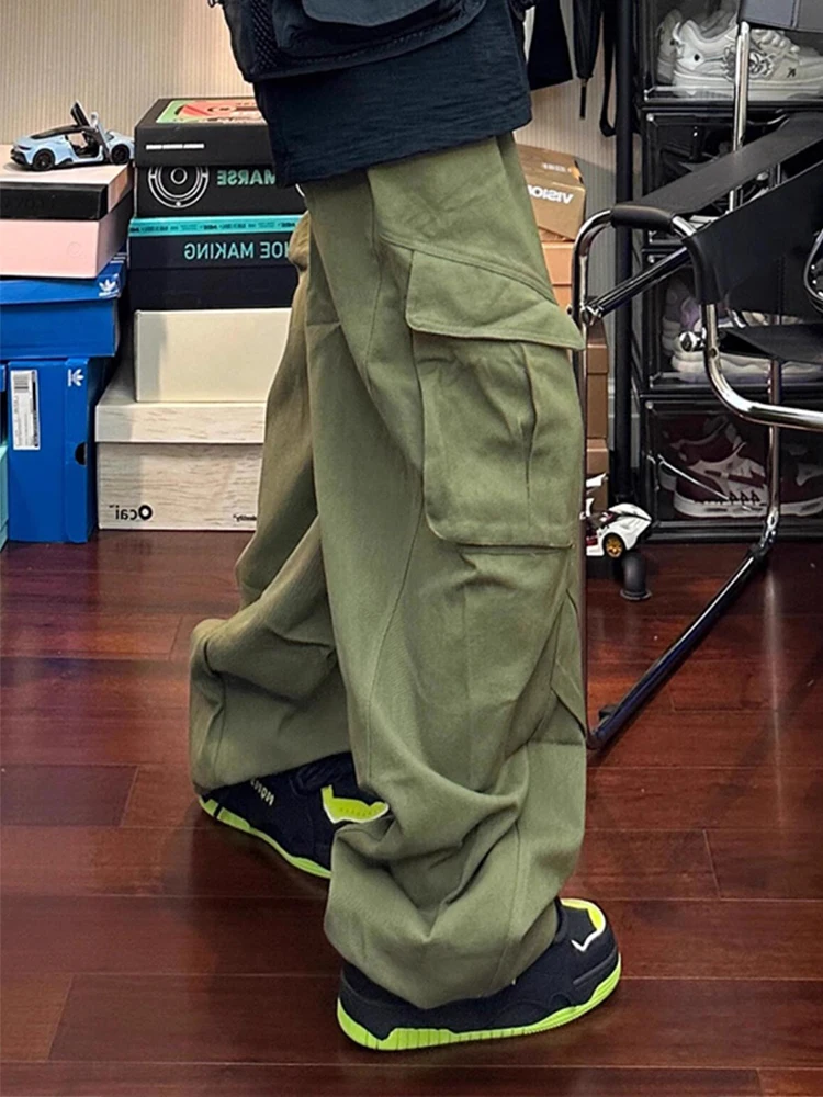 American Retro Military Green Work Pants Men's Deconstructed Design Wide Leg Straight Cut Casual Trousers Fashionable Youth S...