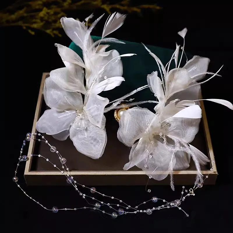 Wedding Bridal Headgear Feather Juan Yarn Pair Clip Wedding  Hair Accessories Edge Clip Head Flower Accessories