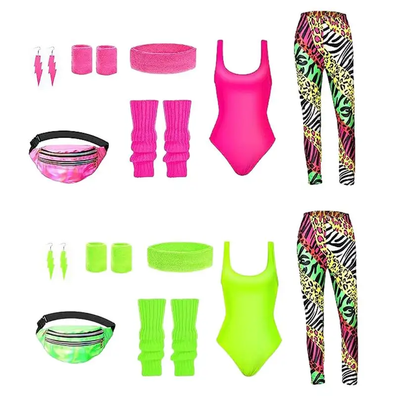 

Womens 80s Costumes For Adults 80s Workout Leggings For Women With Headband Leg Warmers Fanny Pack Wristband Sports Clothes Set